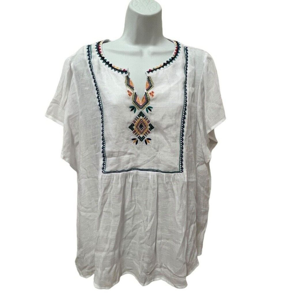 ZAC & RACHEL Woman White Short Sleeve Sheer Embroidery Floral Boho Blouse, 2X
